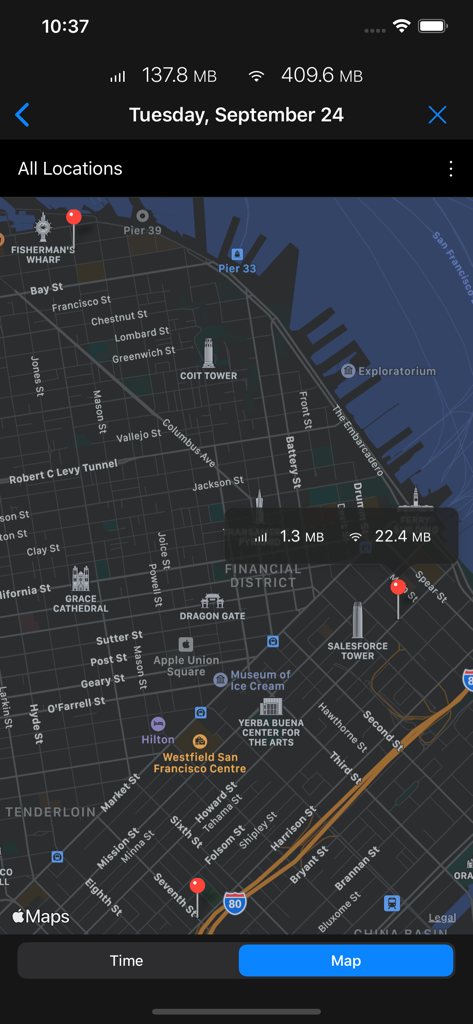 DataMan - Data Usage Widget - A map view within the DataMan app showing cellular and WiFi data usage at specific locations in San Francisco.