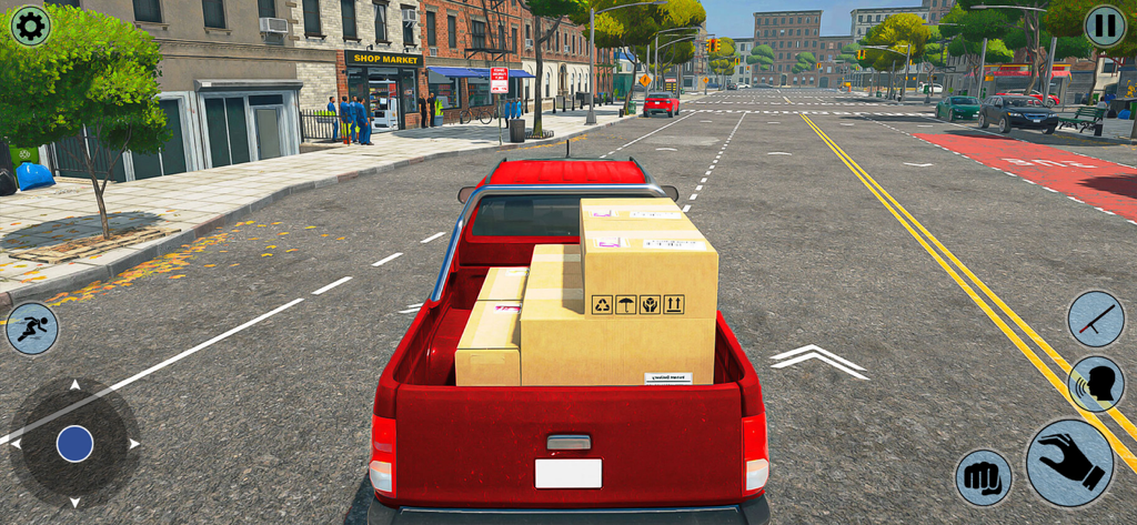 Fun Supermarket Simulator Game - Una camioneta roja transportando grandes cajas de cartón por una calle de la ciudad en un juego simulador de supermercado