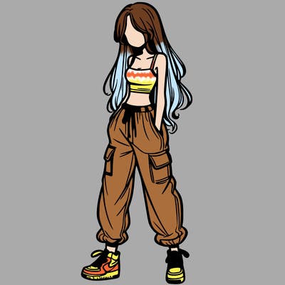 girl in baggy pants crop top and long hair