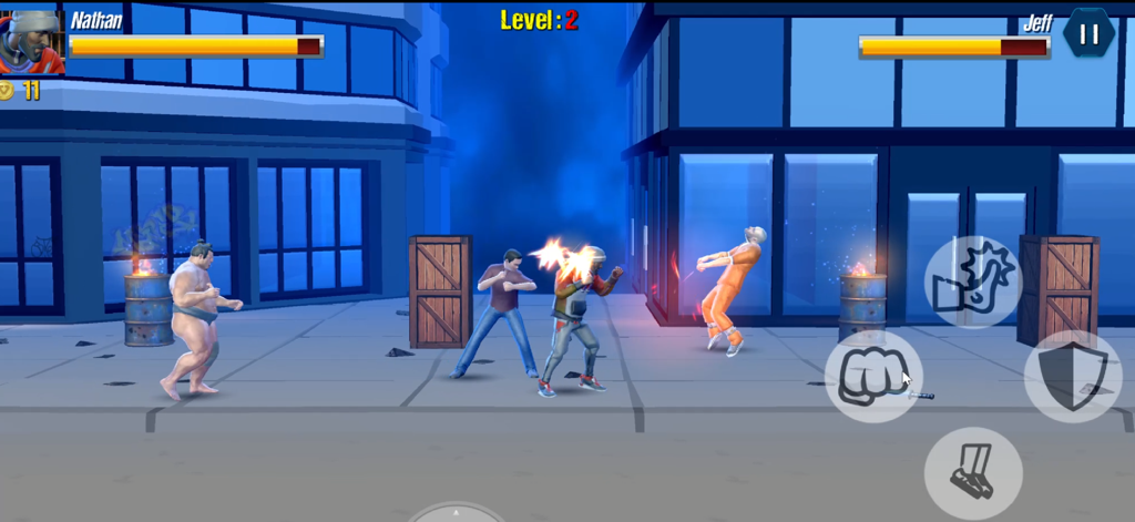 Street Combat :Grounds Fighter - Una escena de combate callejero donde el personaje del jugador lucha contra múltiples oponentes en un entorno urbano nocturno