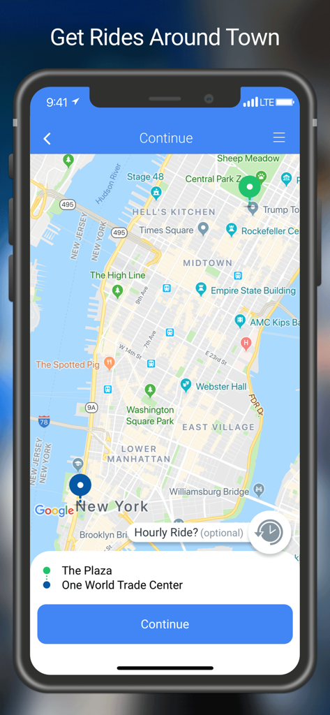 Vista de mapa en la aplicación SuperShuttle para reservar un viaje en la ciudad de Nueva York.