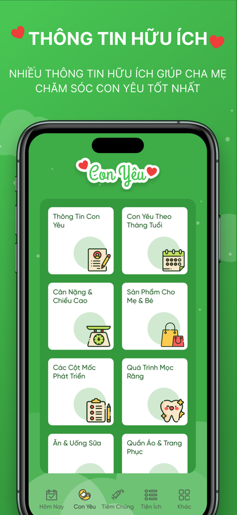 Con Yeu app dashboard showing baby health tracking and developmental milestone features in Vietnamese