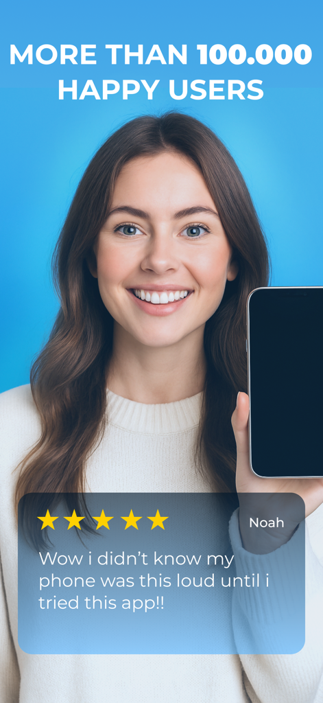 Smiling woman holding a smartphone with a positive five star user review for the Water Eject app