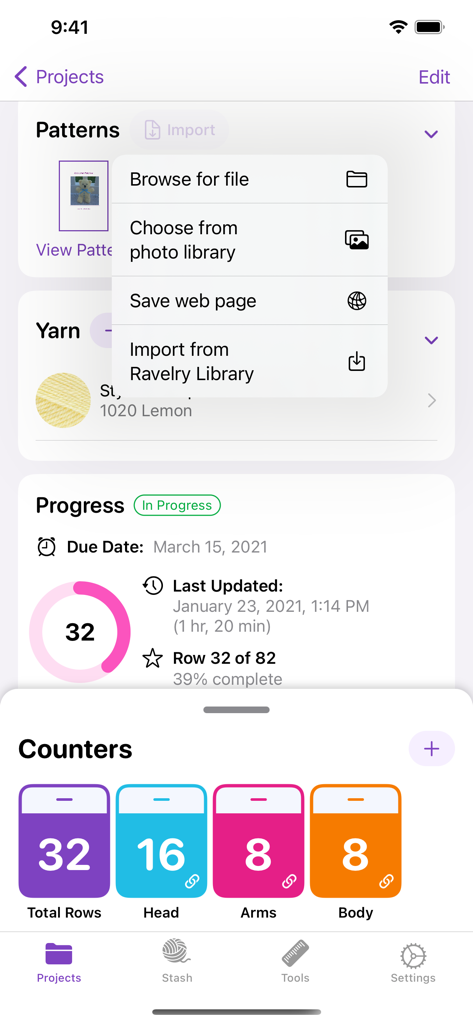 YarnBuddy app interface showing pattern import options and multiple row counters for knitting and crochet projects