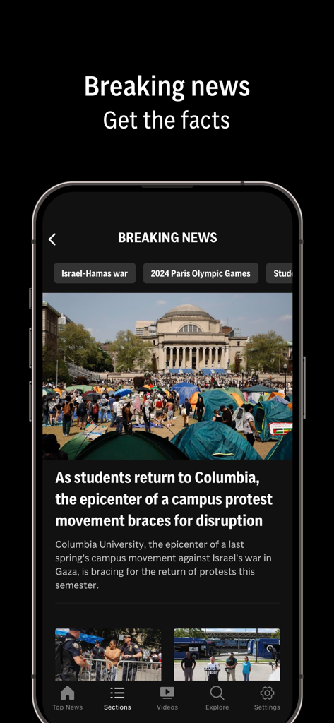 AP News app screen displaying breaking news headlines and an article about student protests.