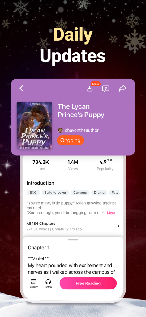 NovelFlow app interface showing daily updates for the romance novel The Lycan Prince's Puppy with reader statistics and genre tags