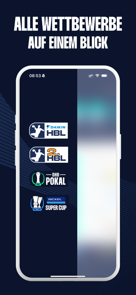 DAIKIN Handball-Bundesliga - 독일 핸드볼 분데스리가 및 컵 대회 로고가 표시된 스마트폰 화면.