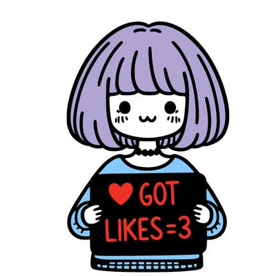 girl who has a bob cut holding a sign that says i got 16 likes <3