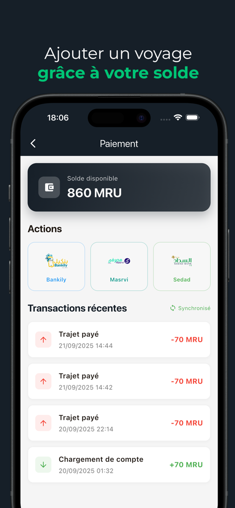 Netavgou - نتافگو - Netavgou app payment screen showing available balance and transaction history with local payment options like Bankily and Masrivi