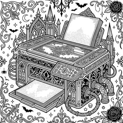 Discover a darkly elegant world with our Gothic All-in-One Printer coloring page, blending modern tech with intricate Victorian aesthetics. Immerse yourself in ornate filigree, mysterious bats, and dramatic spires, ready for your creative touch.
