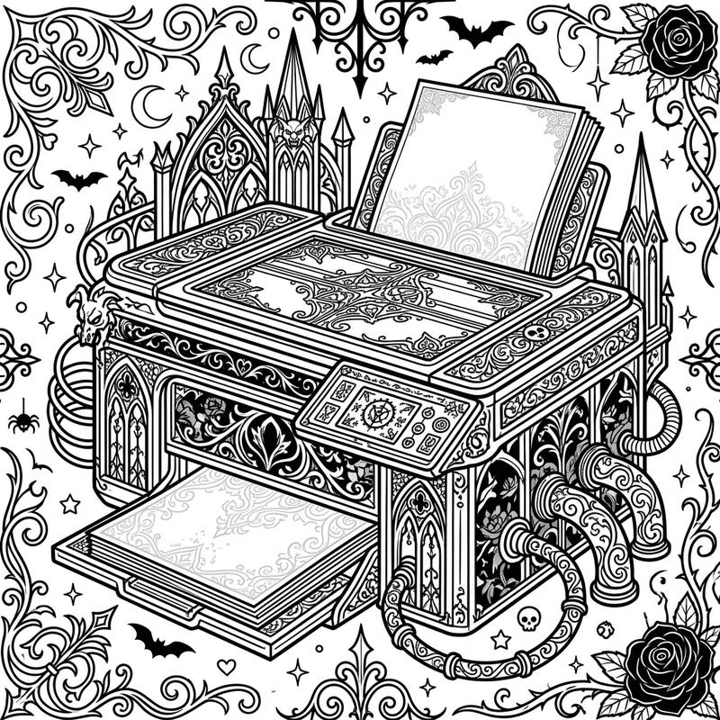 Discover a darkly elegant world with our Gothic All-in-One Printer coloring page, blending modern tech with intricate Victorian aesthetics. Immerse yourself in ornate filigree, mysterious bats, and dramatic spires, ready for your creative touch.