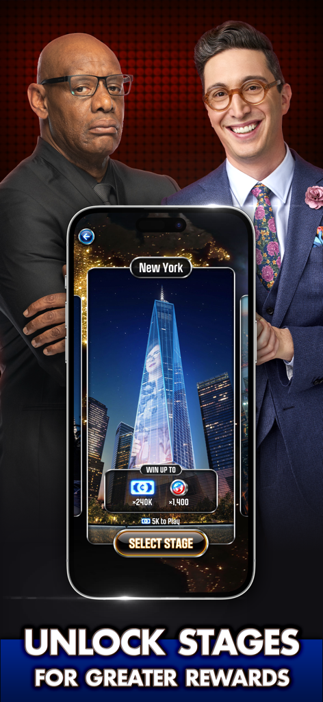 The Chase - World Tour - Mobile game interface of The Chase World Tour showing the New York stage selection with two Chaser characters in the background