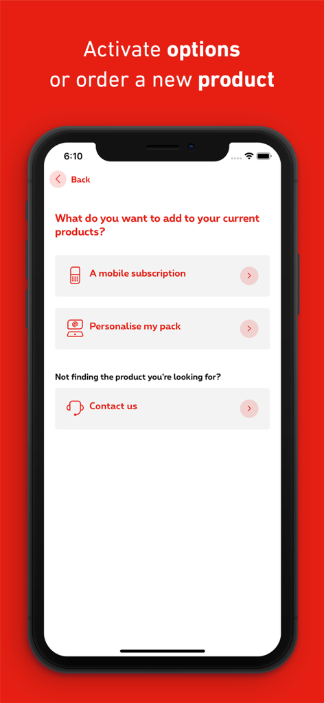 MyScarlet - Interfaz de la aplicación MyScarlet que muestra opciones para añadir una suscripción móvil o personalizar un paquete de servicios.