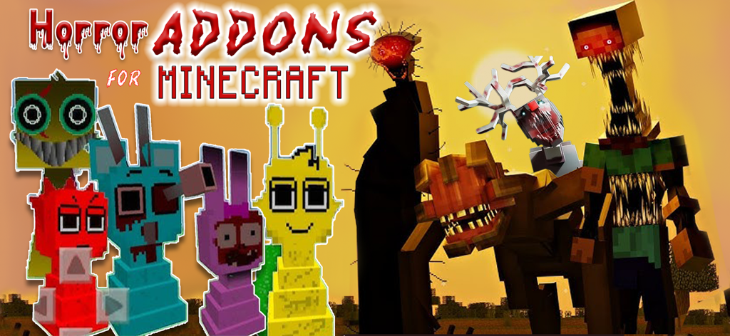 MCPE ADDONS - For MINECRAFT PE - Promotional banner for Minecraft horror addons featuring various creepy and mutant character models