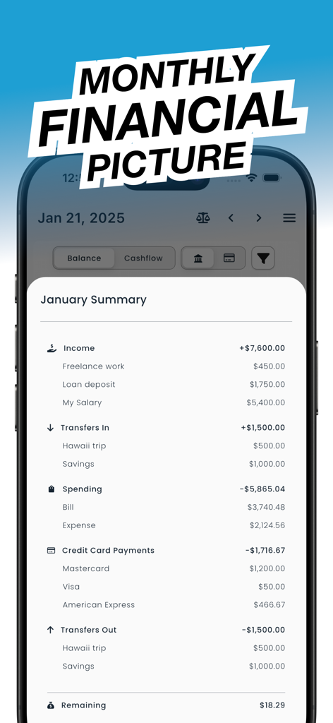 NEKO: Budget & Bill Organizer - Monthly financial summary dashboard in the NEKO Budget and Bill Organizer app showing income and spending categories