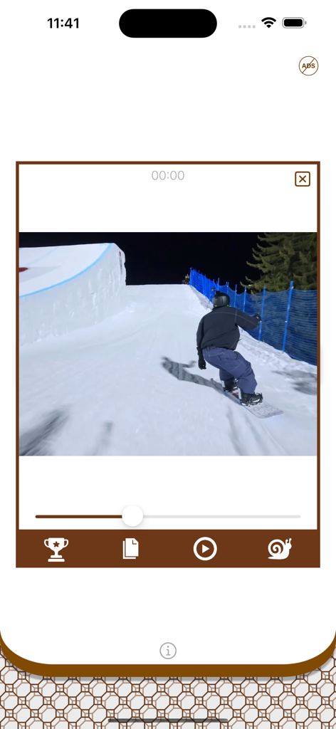 Instdown mobile app interface showing a snowboarding video with slow motion and playback controls