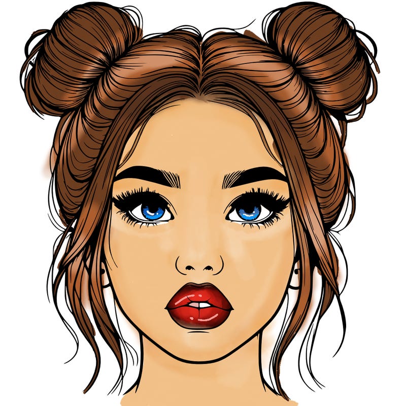 realistic girl with two buns on her hair and lips