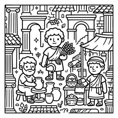 Introduce your little one to the fascinating world of ancient Rome with this delightful coloring page featuring common Roman citizens. Designed specifically for toddlers, it boasts ultra-thick lines and large shapes for easy, joyful coloring.