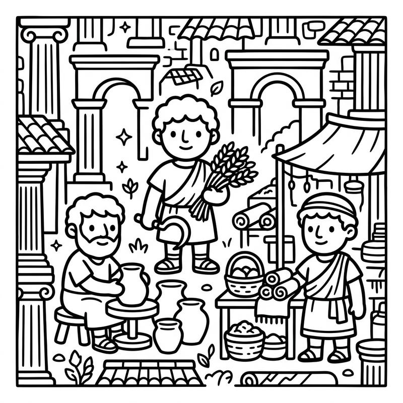 Introduce your little one to the fascinating world of ancient Rome with this delightful coloring page featuring common Roman citizens. Designed specifically for toddlers, it boasts ultra-thick lines and large shapes for easy, joyful coloring.