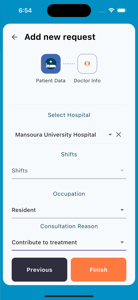 IbnSina Medcall - Interfaz de la aplicación IbnSina Medcall para que los profesionales médicos agreguen una nueva solicitud de consulta seleccionando el hospital y el motivo