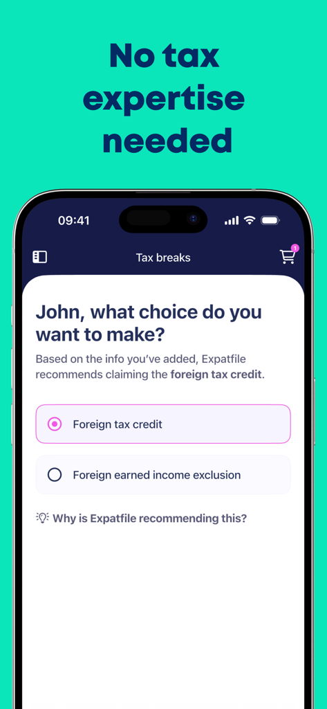Expatfile - US Expat Taxes - Expatfile mobile app screen showing a guided recommendation for foreign tax credits.