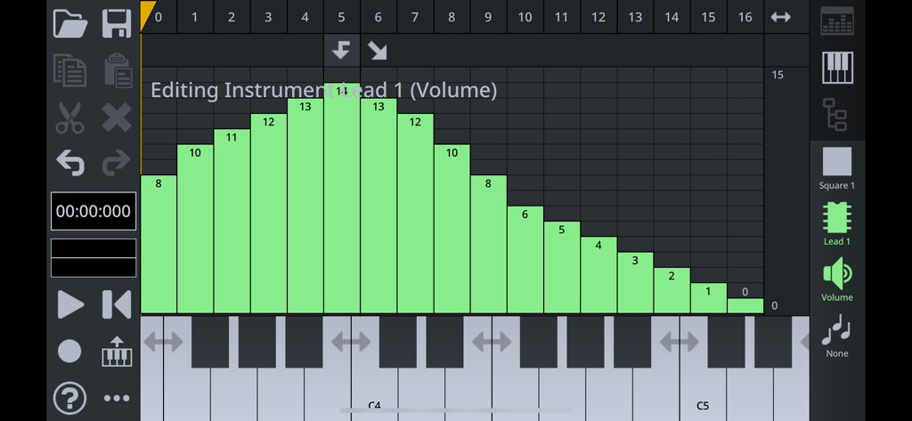 FamiStudio - FamiStudio app interface showing an instrument volume envelope editor with a piano roll for 8-bit chiptune music creation.