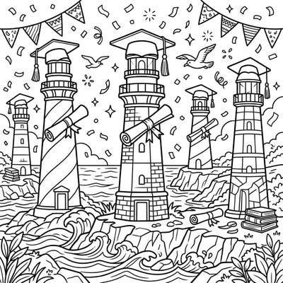 Mark a significant milestone with this unique Lighthouse Graduation coloring page! It beautifully combines the steadfast guidance of lighthouses with the joyous triumph of graduation, perfect for celebrating new beginnings.