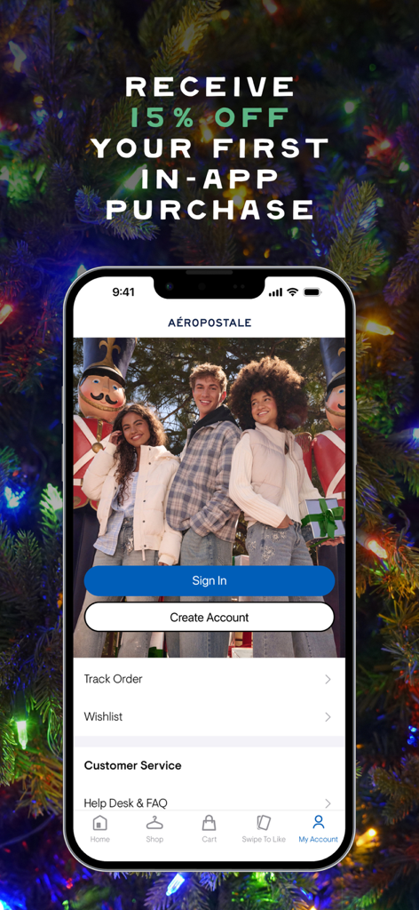 Aeropostale mobile app welcome screen offering a fifteen percent discount on the first purchase