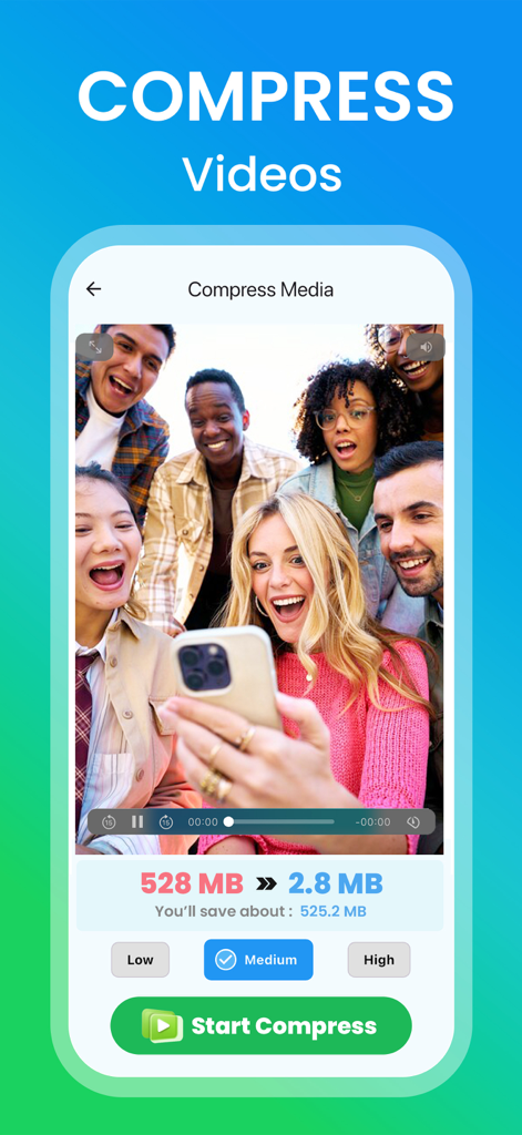 CleanUp Buddy: Phone Cleaner - Screenshot of CleanUp Buddy app showing the video compression feature to reduce large video file sizes and save phone storage