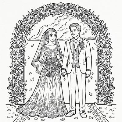 Capture the magic of a wedding day with this beautifully detailed coloring page. Featuring a loving couple beneath a grand floral arch, set against a backdrop hinting at distant thunder, it's perfect for celebrating enduring love.