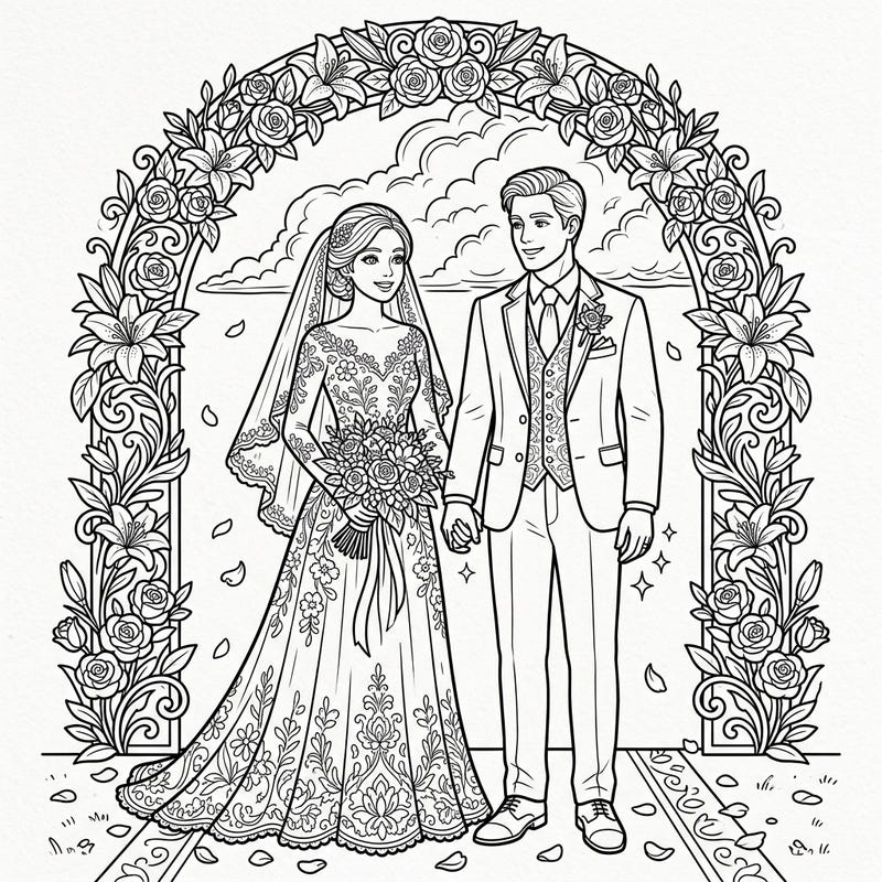 Capture the magic of a wedding day with this beautifully detailed coloring page. Featuring a loving couple beneath a grand floral arch, set against a backdrop hinting at distant thunder, it's perfect for celebrating enduring love.
