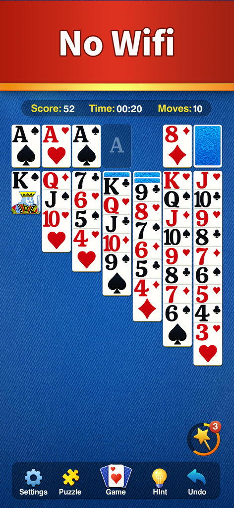 Classic solitaire card game interface with a No Wifi banner on a blue background.