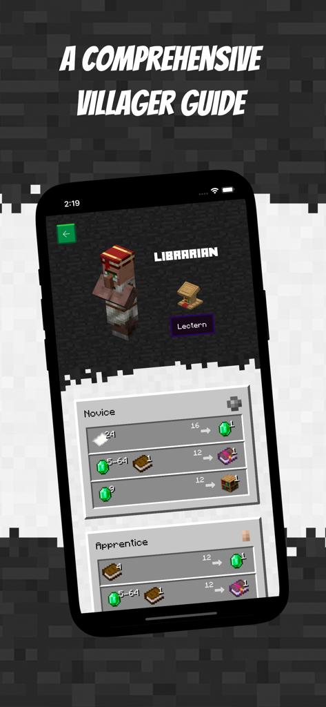 Guide for Minecraft Ultimate - A mobile app screen displaying a comprehensive villager guide for Minecraft with librarian trading levels and items