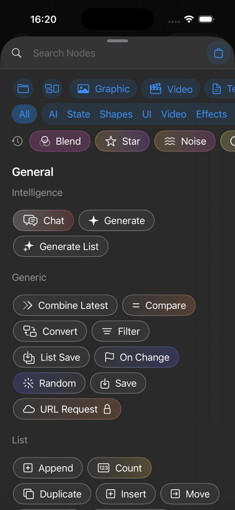 Flow Nodes - Una biblioteca de nodos funcionales buscables en la aplicación Flow Nodes que muestra categorías para operaciones de IA, Genéricas y de Listas.