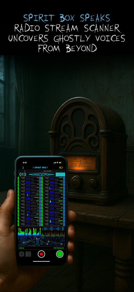 iPhone showing the Spirit Box radio scanner interface in the Ghost Science M3 app next to an antique radio.