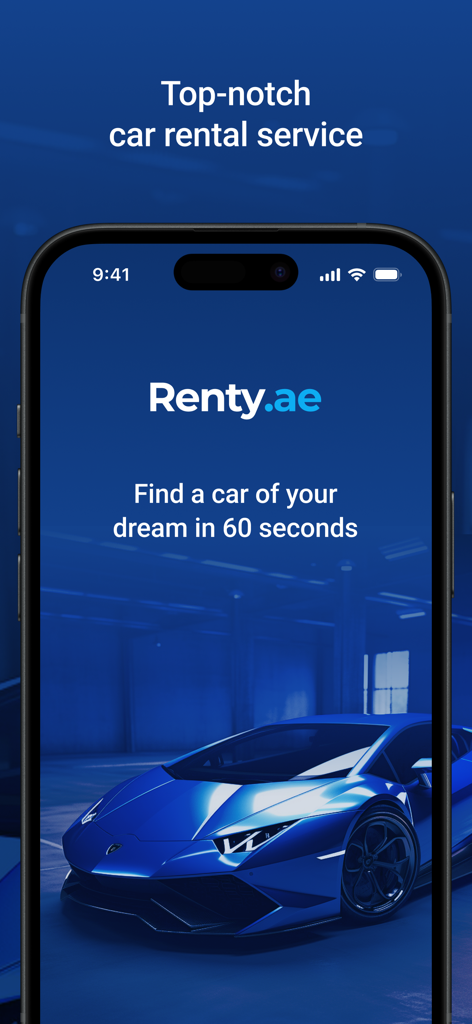 Renty.ae app interface showing a blue Lamborghini with the text Find a car of your dream in 60 seconds.