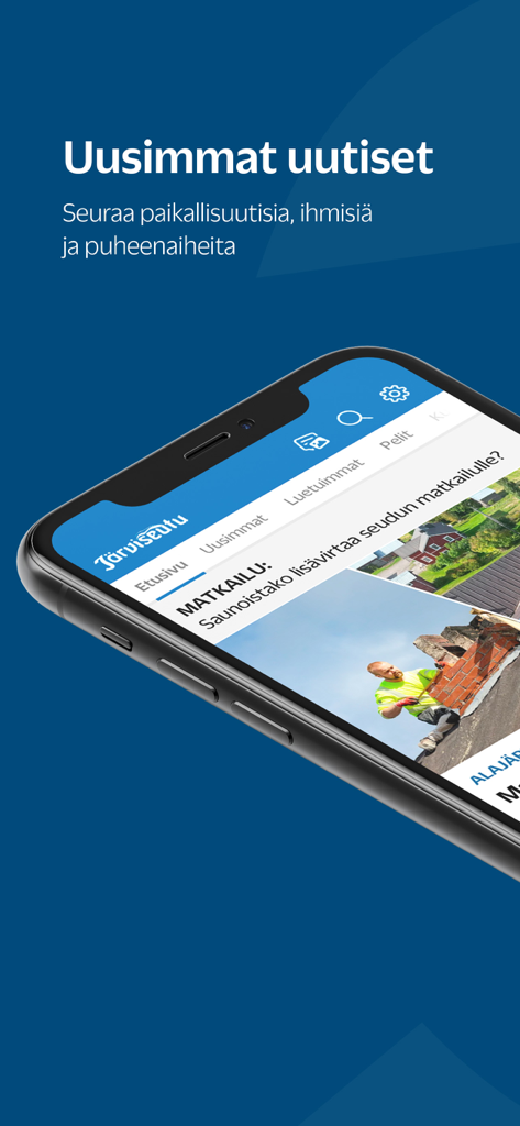 Järviseutu - Smartphone showing the Jarviseutu mobile app with local news headlines