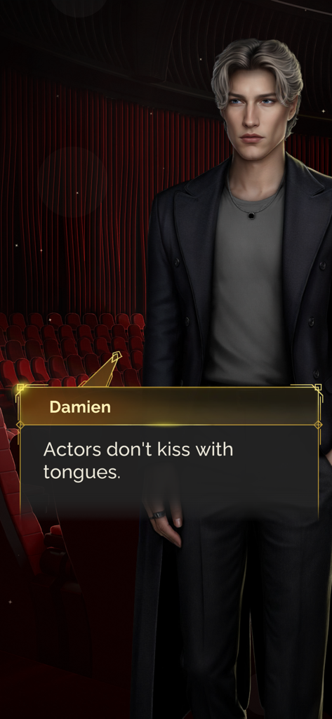 Seven Hearts Stories - Eine visuelle Roman-Szene aus Seven Hearts Stories mit einer männlichen Figur namens Damien in einem Theater mit einem Dialogfeld.
