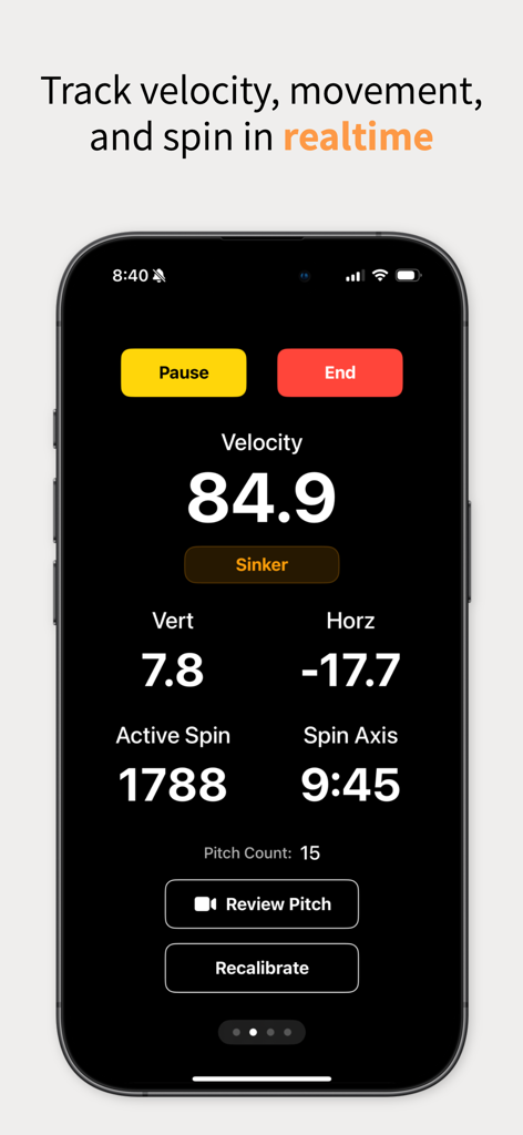 PitchLab - Baseball - PitchLab app tracking screen displaying baseball velocity and spin metrics