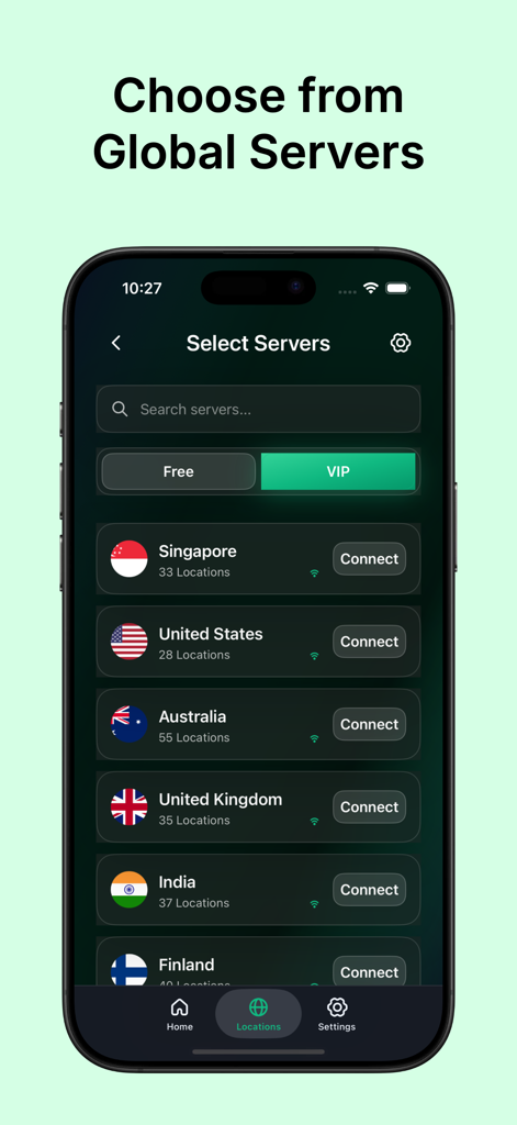 Interface affichant une liste d'emplacements de serveurs VPN mondiaux, y compris les États-Unis et le Royaume-Uni, pour une navigation sécurisée.