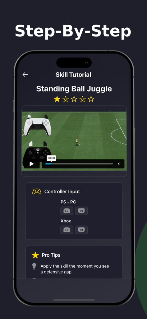 FC26 Pro Tactics and Skills - Pantalla de la aplicación FC26 mostrando un tutorial paso a paso para la habilidad Malabares con el Balón en Pie con las entradas de los botones del controlador para PlayStation y Xbox.