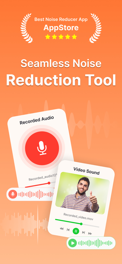 Boost Audio Voice Reduce Noise - Marketing graphic for Boost Audio showing noise reduction for recorded audio and video files