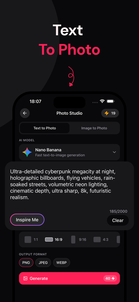 Video3: AI Video Generator - Interface of Video3 app showing the AI text to photo generator screen with a cyberpunk prompt
