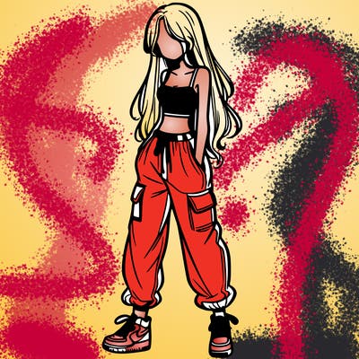 girl in baggy pants crop top and long hair