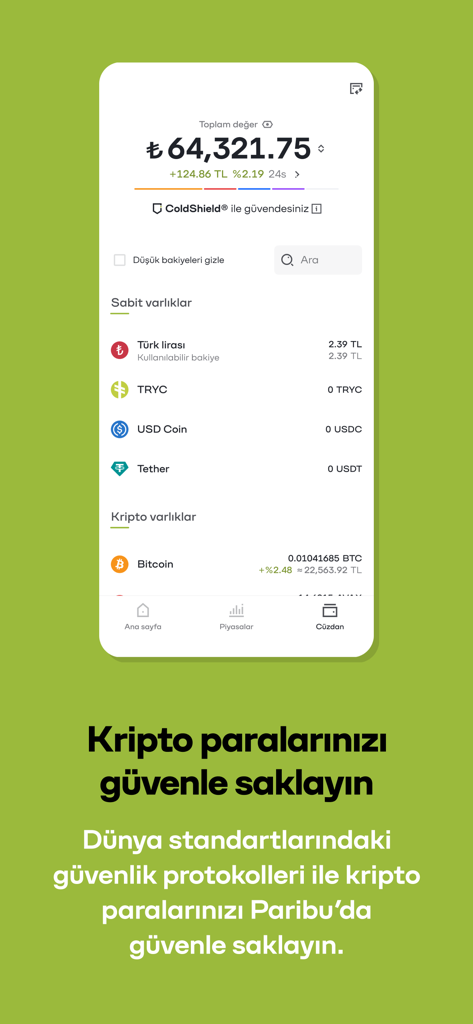 Paribu | Bitcoin - Crypto - A mobile screen from the Paribu app showing a cryptocurrency wallet balance in Turkish Lira and security features.