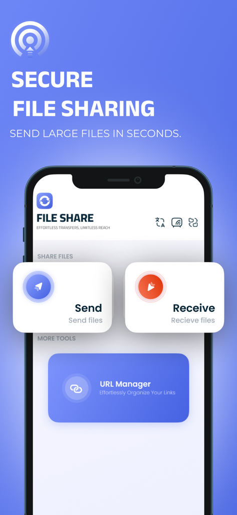Écran d'accueil de l'application Nearby Share sur un iPhone montrant les options d'envoi et de réception pour le partage de fichiers sécurisé