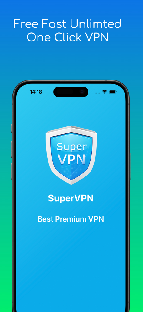 Interface do aplicativo SuperVPN em um iPhone mostrando um logotipo de escudo e o slogan VPN Gratuita Rápida e Ilimitada Com Um Clique.