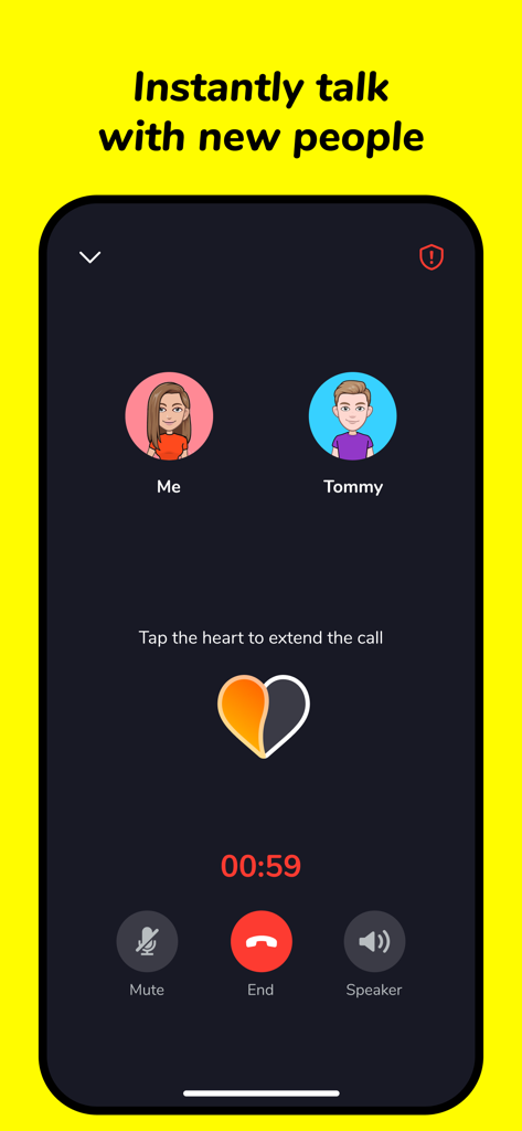 Captura de pantalla de la app LMK que muestra una llamada de audio en vivo con un nuevo amigo, incluyendo avatares de usuario y controles de llamada