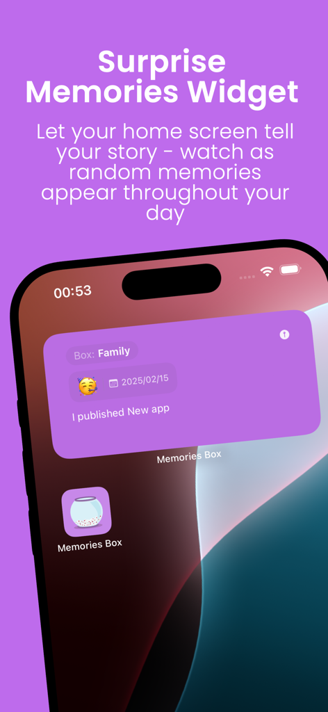 MemoriesBox - Couple Journal - A smartphone home screen featuring the MemoriesBox surprise memories widget showing a daily memory.