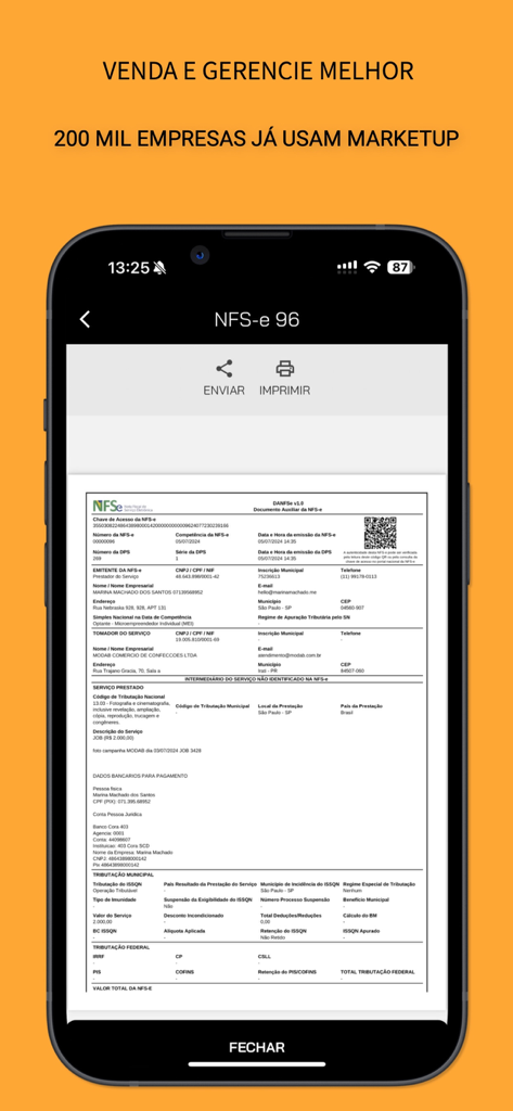Nota Rápida - Nfse MEI Mobile - Captura de pantalla móvil mostrando una vista previa de factura de servicios digital en la aplicación Nota Rápida